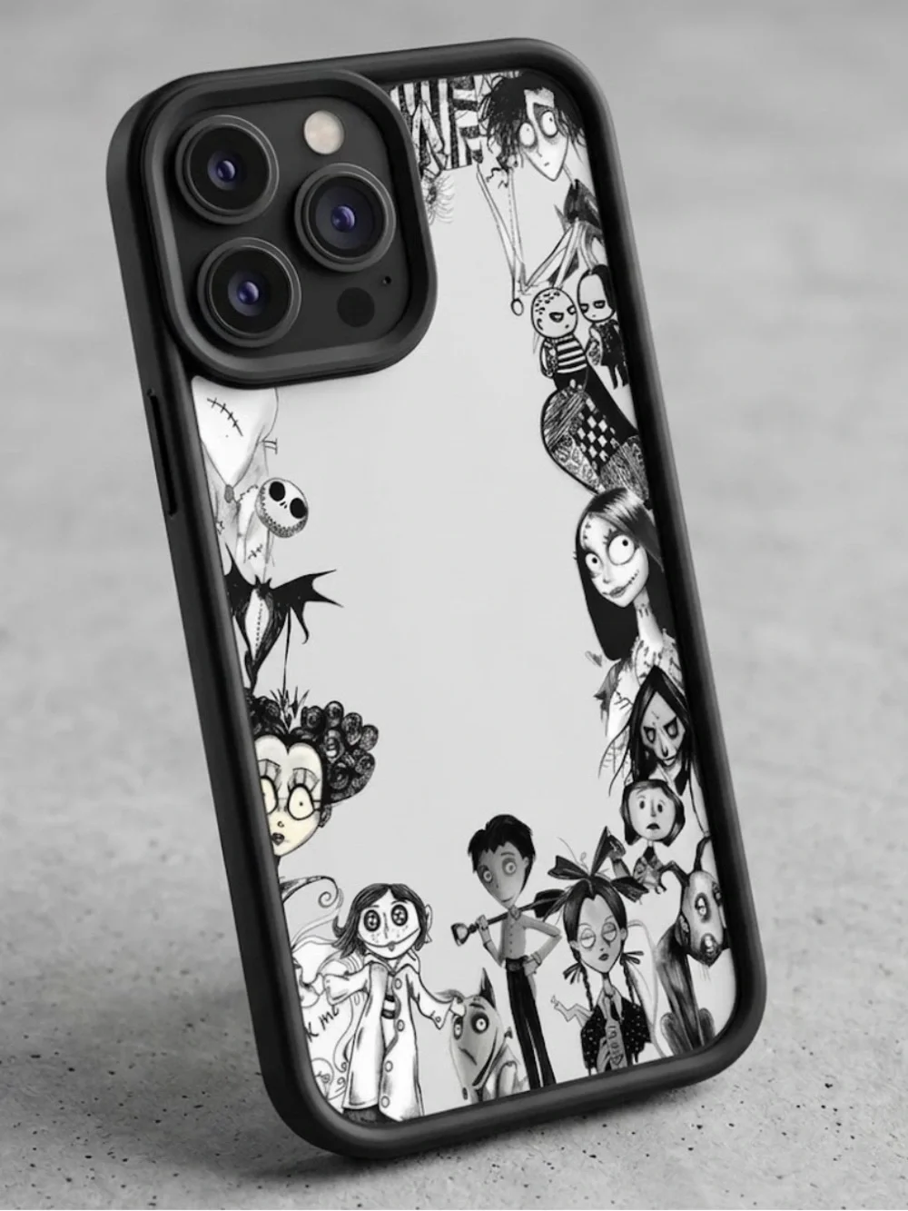 Spooky Character Collage iPhone 15 Pro Max Case – Black TPU Shockproof Cover